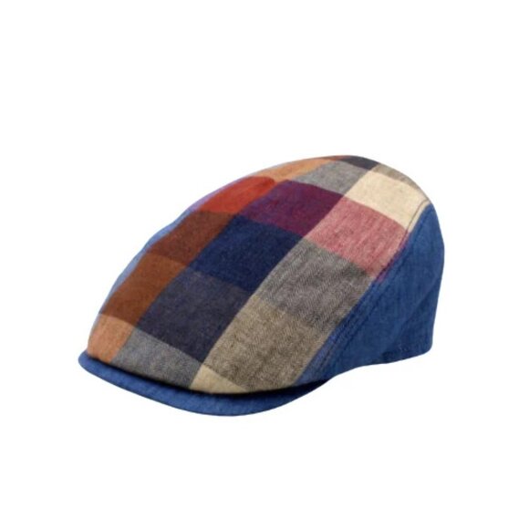 Hologramme Paris Spring Herringbone Multi Checks Blue Italian Linen Newsboy Cap - Picture 1 of 7